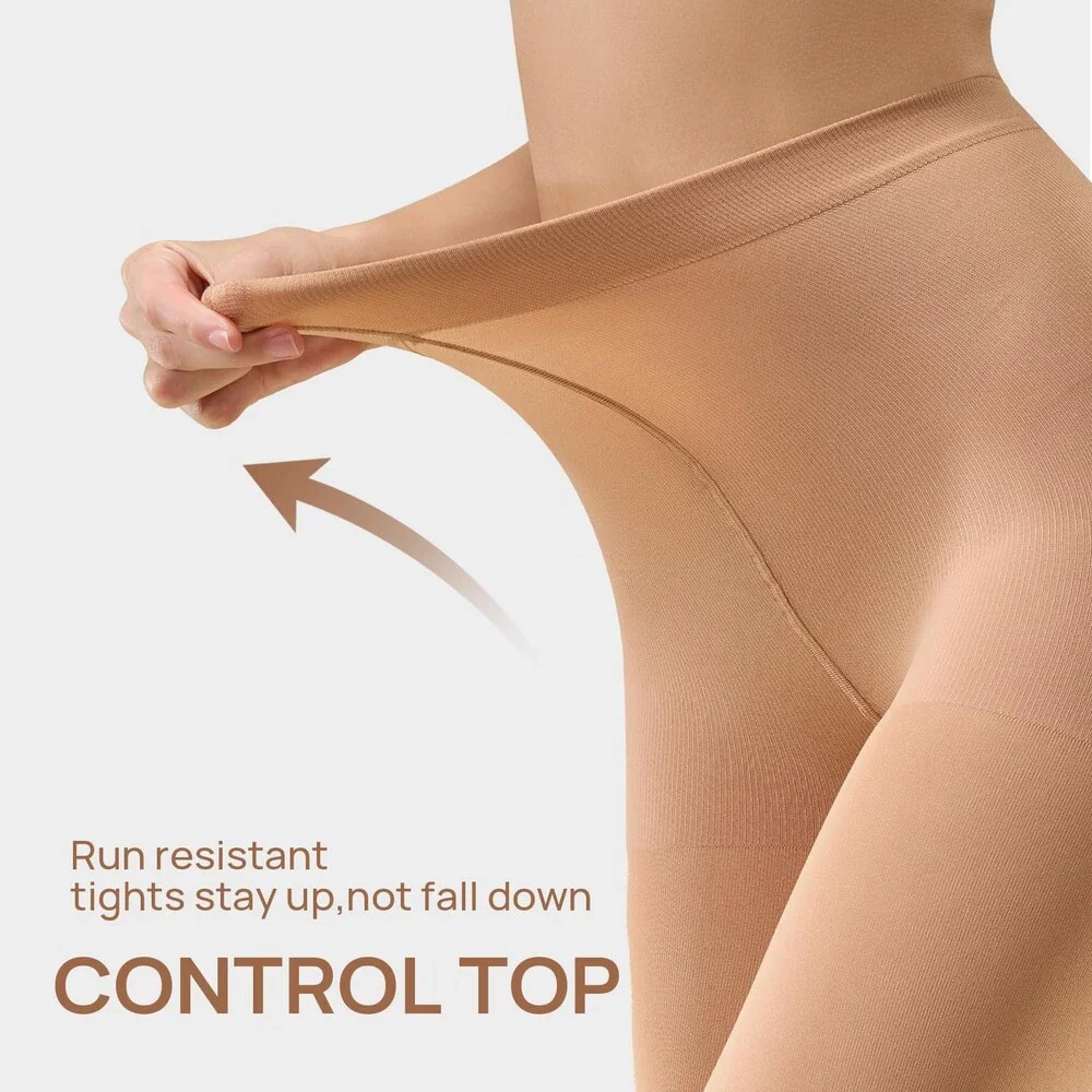 MANZI Tan 2 Pairs Run Resistant Control Top Panty Hose Opaque Footless Tights L